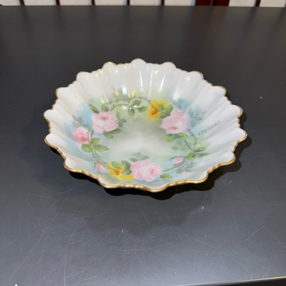 E Caldwell Fine Bone China Trinket Dish Pink Roses Thorns Floral Gold Trim - Picture 1 of 16